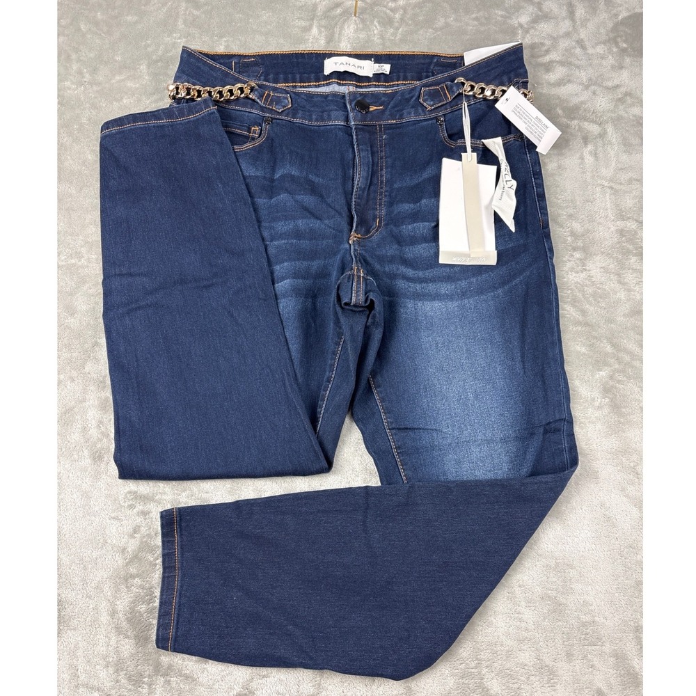 Tahari Kelly Womens‎ 10P Dark Wash Mid Rise Skinny Jeans Gold Chain Detail New